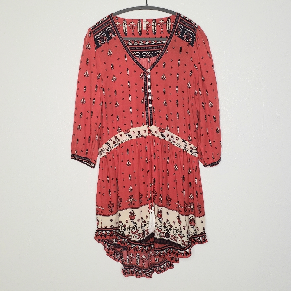 Spell Coral and Cream Boho Button-Front Dress